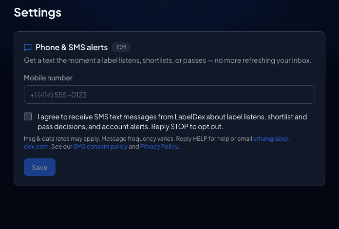 LabelDex Settings page showing the Phone & SMS alerts card with the mobile number field and the SMS consent checkbox