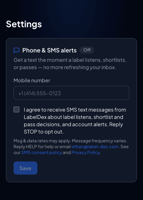 LabelDex Settings on mobile showing the phone number field and the SMS consent checkbox